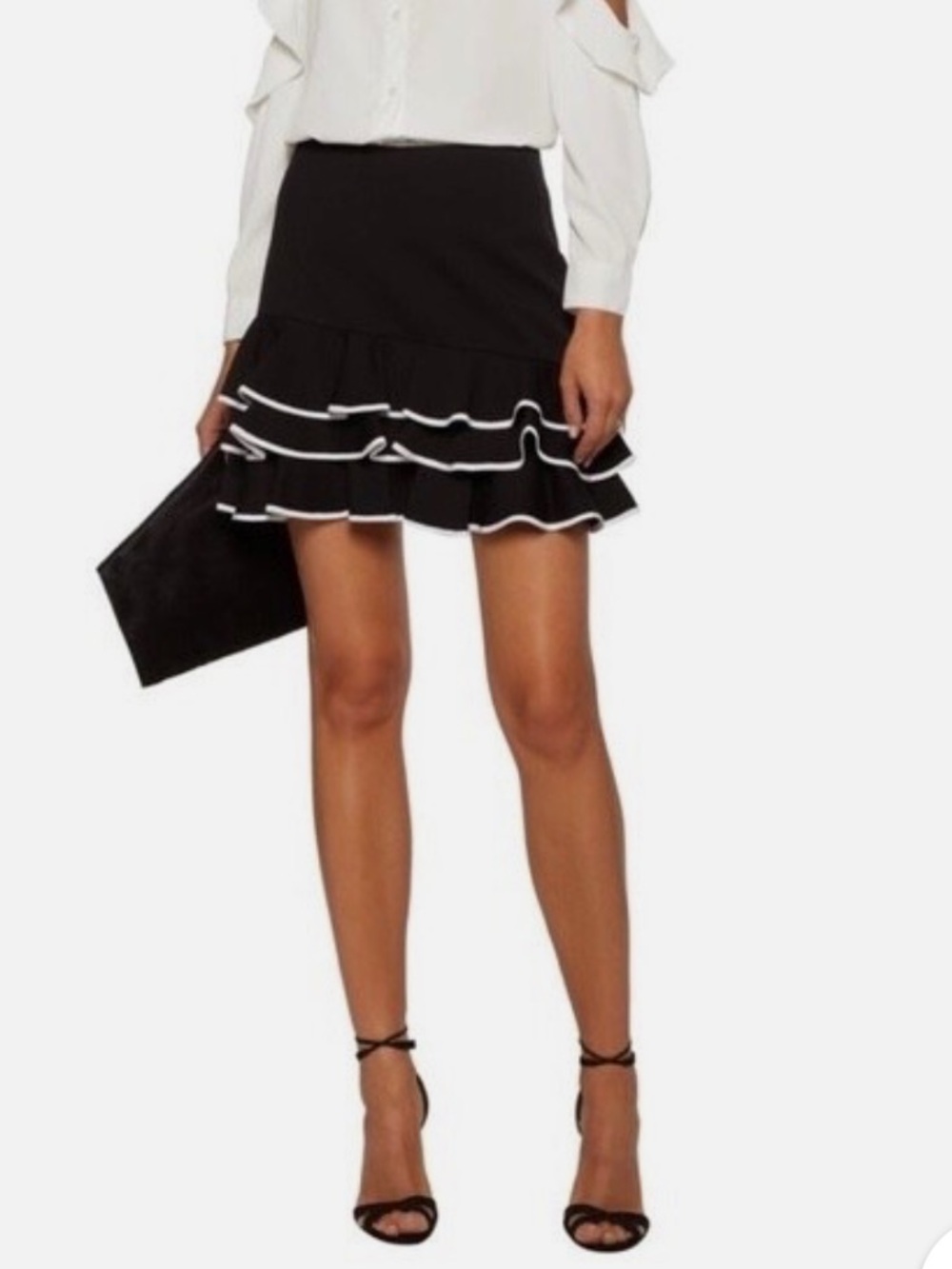 Jonathan Simkhai Black Skirt w/ White Trim Ruffle Hem Luxury Designer | Size 2